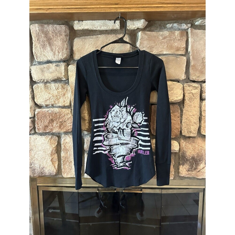 VTG Y2K Hustler Hardcore Long Sleeve Thermal Waffle Skull Paper Tag Rose XS/S